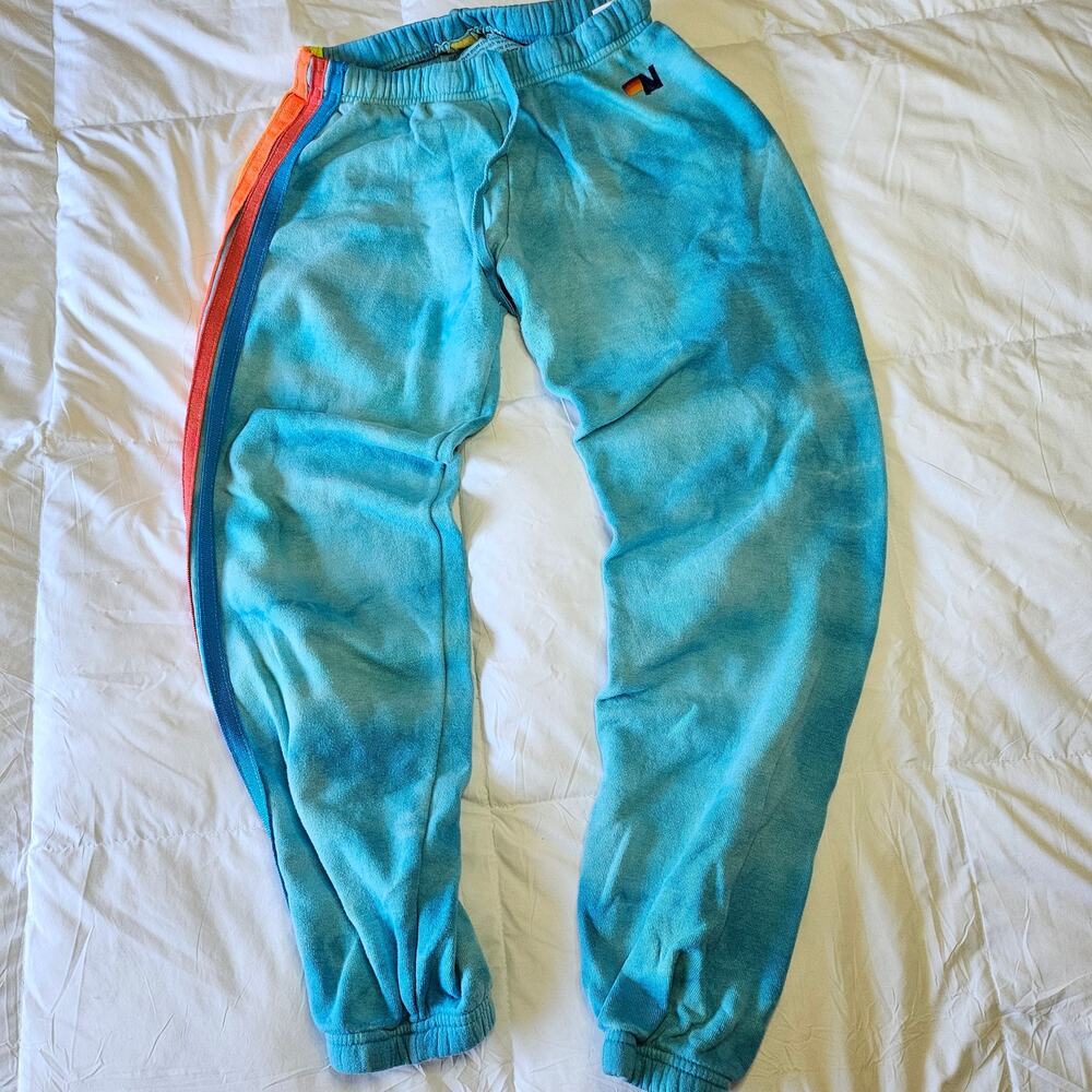 Aviator Nation Hand Dyed 5 stripe women's sweatpants in Tie Dye Neon Blue Small